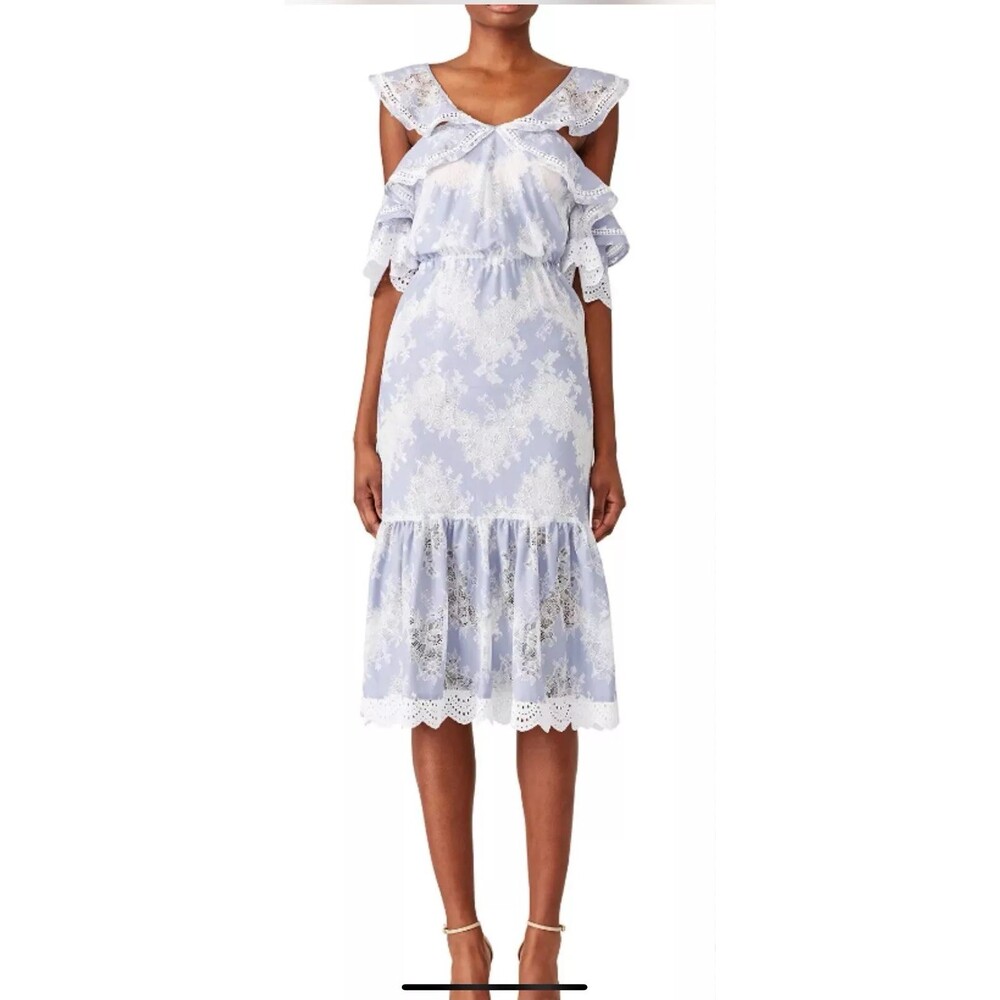 MARISSA WEBB Kendra Midi Dress M Blue White Eyelet Cold Shoulder EUC B59